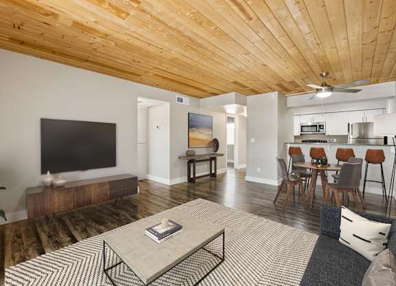 A living room with a wooden ceiling and a grey rug.