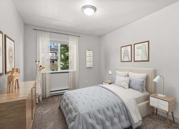 A bedroom with a bed, nightstand, and a window with a view of the outside.