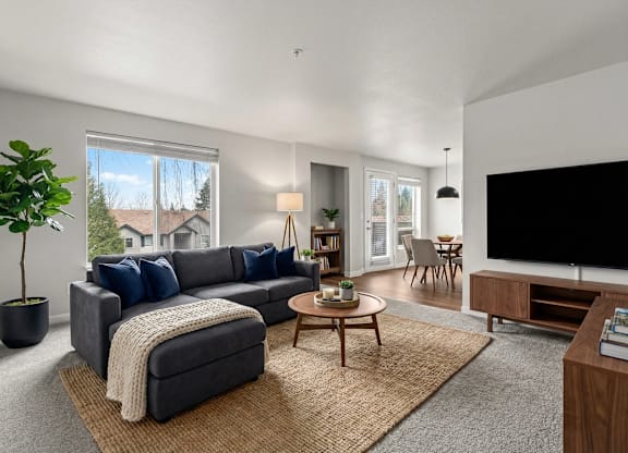 A living room with a grey couch, a coffee table, a television, and a large window.