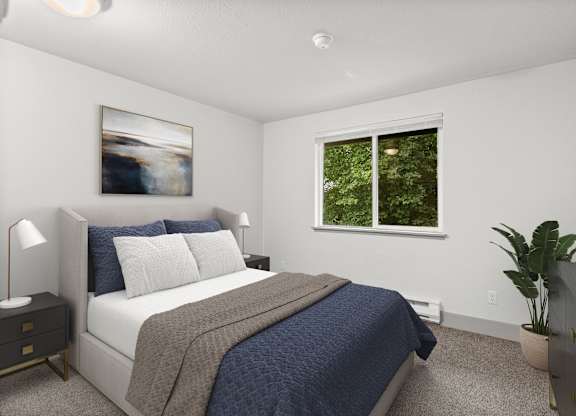 A bedroom with a large bed and a window.