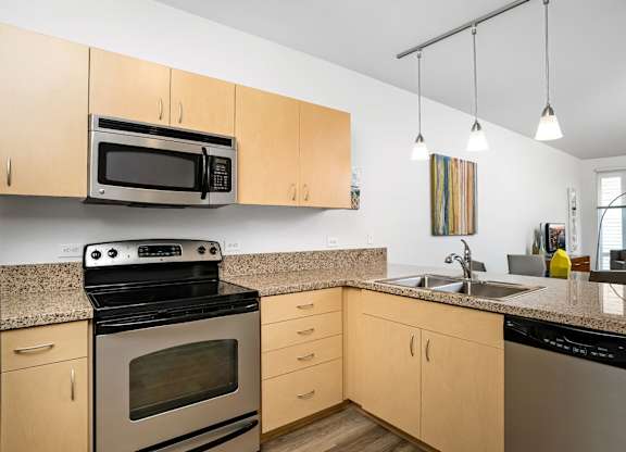 A kitchen with a black microwave above a stove and a black dishwasher.