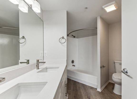 a bathroom with a large mirror and a sink and a toilet