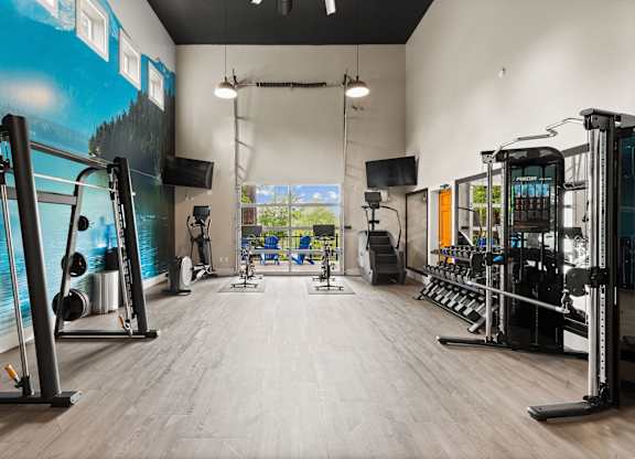A gym with a variety of equipment including a squat rack, a bench press, and a rowing machine.