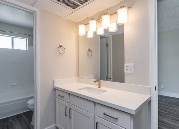 A bathroom with a white sink and a mirror above it.