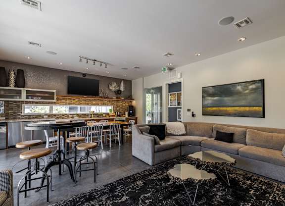A modern living room with a grey couch and a black and white rug.