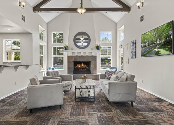 a living room with couches and chairs and a fireplace
