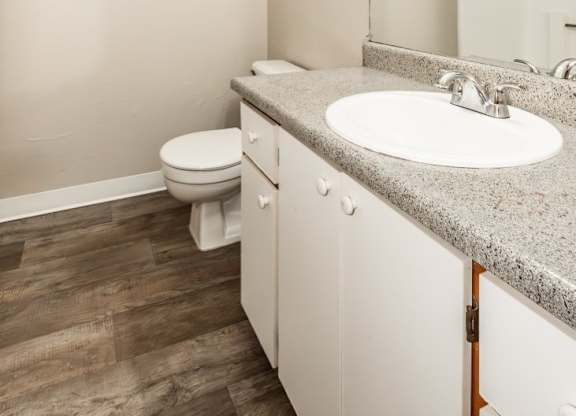 A bathroom with a toilet, sink, and mirror.