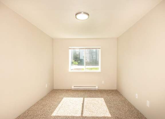 A room with a window and a radiator on the floor.