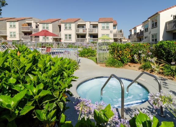 a jacuzzi tub in a garden with apartments in the background at Aspire Corona, Corona, California