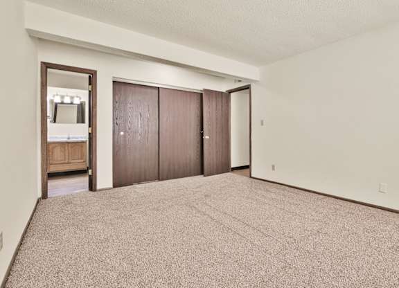 A bedroom with a carpeted floor and a large closet with a mirror. at Winding Hills Apartments, Davenport