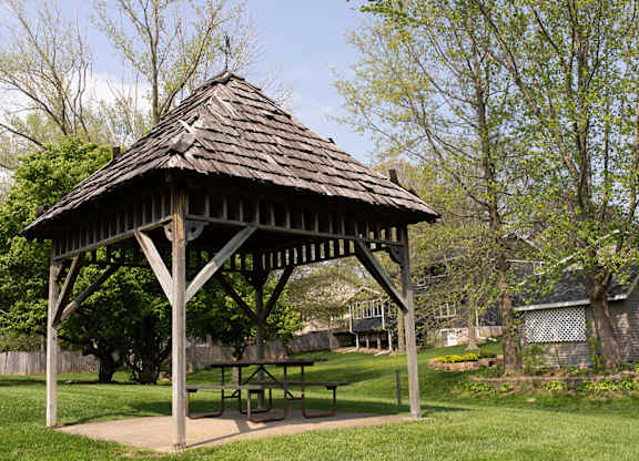 A wooden gazebo at Winding Hills Apartments, Davenport, IA