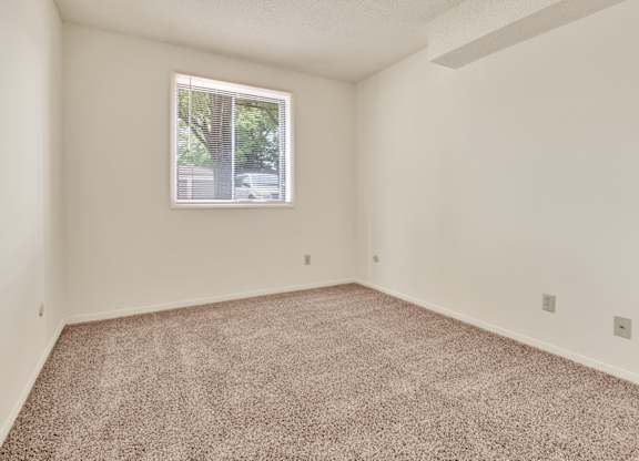 A room with a carpeted floor and a window. at Indian Ridge Apartments, Iowa