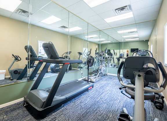 A gym with treadmills, exercise bikes, and other equipment. at Indian Ridge Apartments, Iowa, 52807