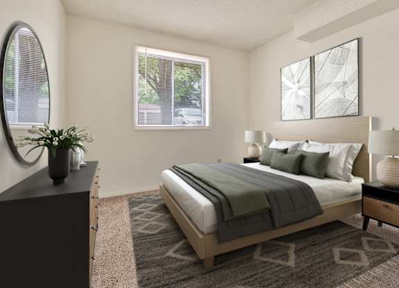 Comfortable Bedroom With Large Window at Indian Ridge Apartments, Iowa
