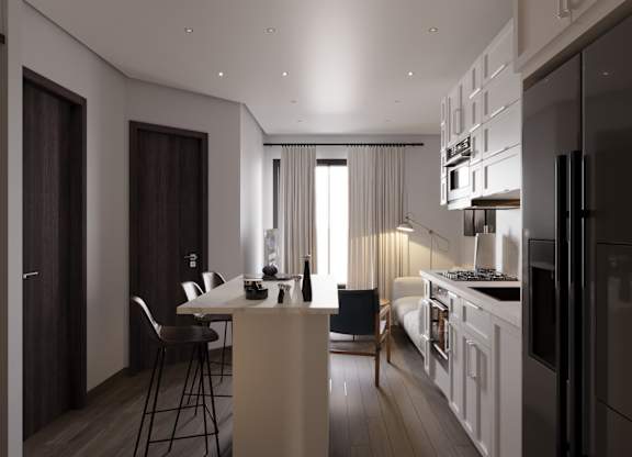 A modern kitchen with a dining table and chairs at The Woods at 180 Kanata Avenue, Kanata, K2K 3L9