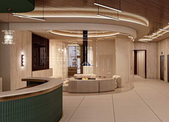 a rendering of a lobby with a reception desk and couches at The Woods at 180 Kanata Avenue, Kanata, K2K 3L9