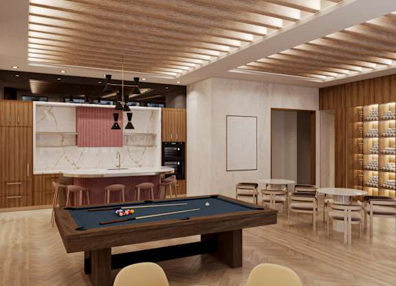 a spacious game room with a pool table and a bar at The Woods at 180 Kanata Avenue, Kanata