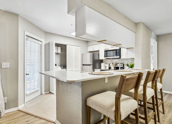 a kitchen with a bar with four chairsat Reserve at Temple Terrace, Florida, 33637