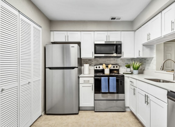 a kitchen with stainless steel appliances and white cabinets at Reserve at Temple Terrace, Temple Terrace