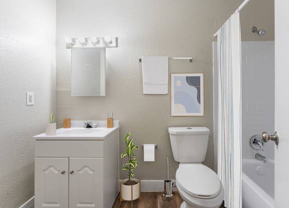 A bathroom with a white toilet, sink, and a plant.