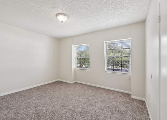 A room with carpeted floor and two windows.