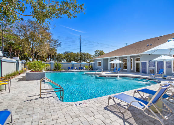 resort style swimming pool is in front of clubhouse with lounge chairs at Reserve at Temple Terrace, Temple Terrace