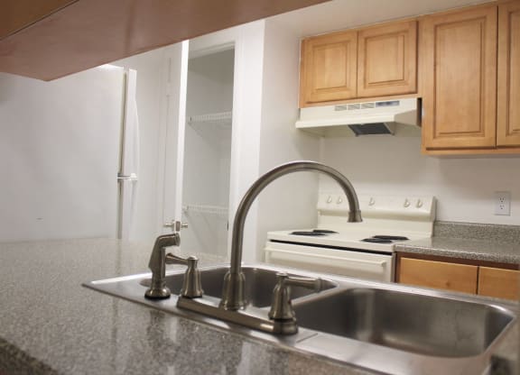 an empty kitchen with a sink and a faucet at Sunscape Apartment Homes, Tampa, 33613