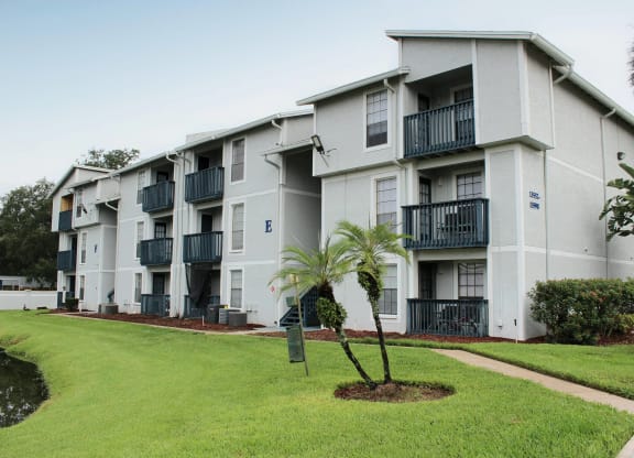 an exterior view of an apartment building with palm trees at Sunscape Apartment Homes, Tampa