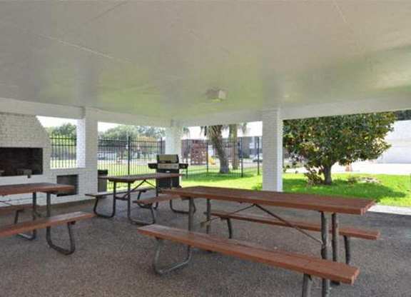 A covered picnic area with tables and benches.