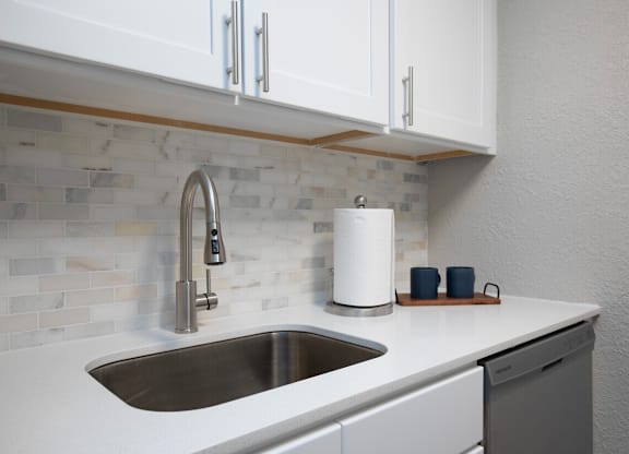 A kitchen with a sink and a dishwasher.