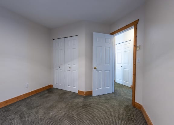 a bedroom with two doors and a carpeted floor