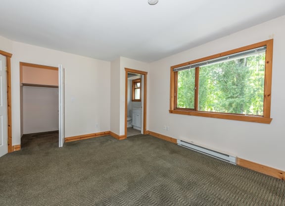 an empty room with carpet and a large window