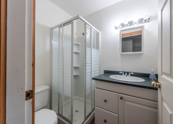 a bathroom with a toilet sink and shower