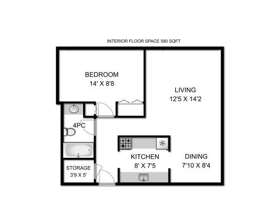 a floor plan of a studio apartment with a bedroom and a living room