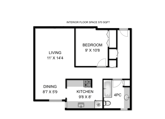 a floor plan of a studio apartment with a bedroom and a living room