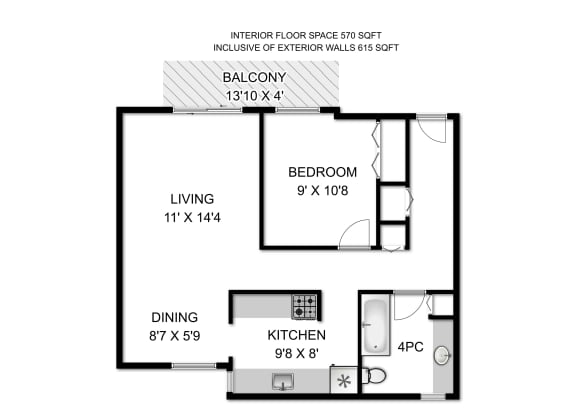 a floor plan of a studio apartment with a bedroom and a living room