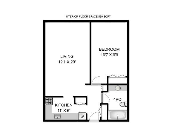 a floor plan of a studio apartment with a bedroom and a living room