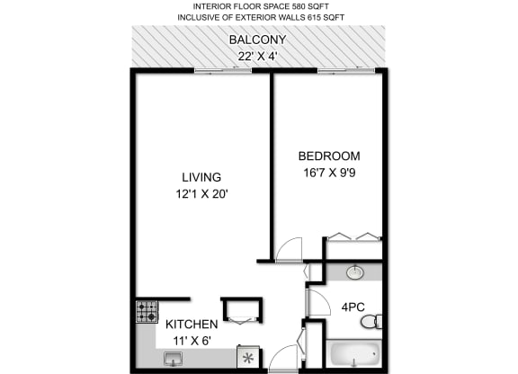 a floor plan of a studio apartment with a bedroom and a living room