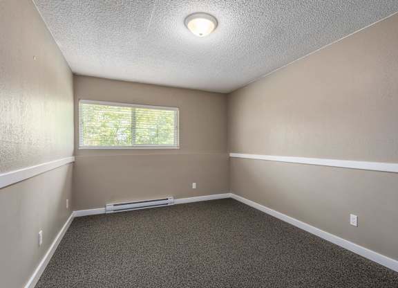 A room with a window and carpeted floor.