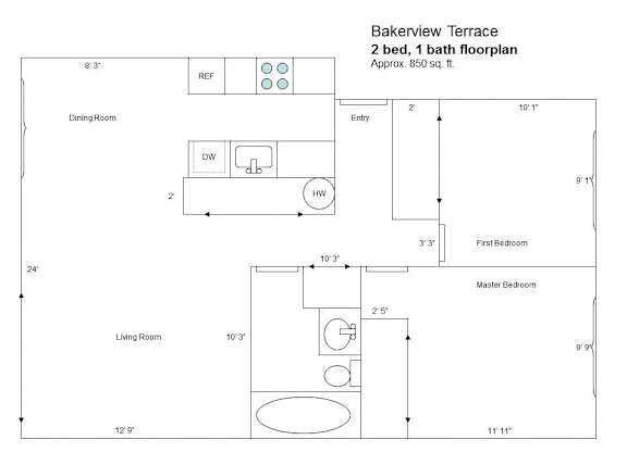 A floor plan for a bakerview terrace with two bedrooms and one bathroom.