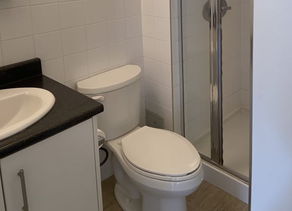 an overhead view of a bathroom with a shower and toilet