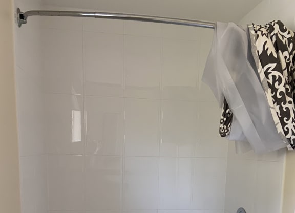 a bathroom with a shower and a toilet