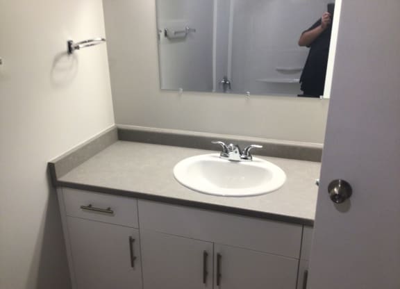 a bathroom with a sink and a mirror