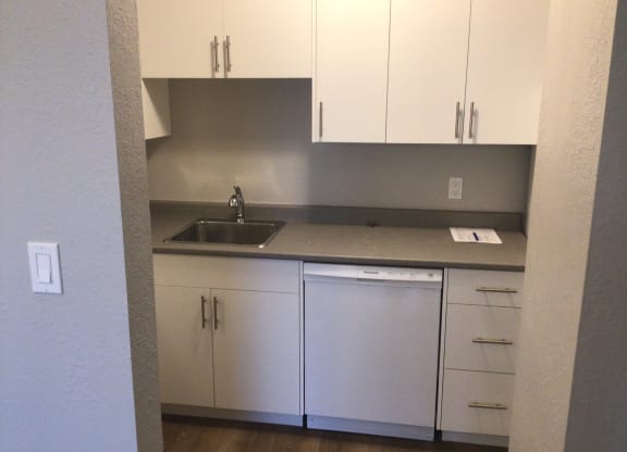 a small kitchen with white cabinets and a white dishwasher