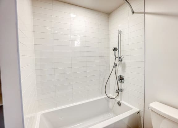a bathroom with a shower and a tub and a toilet