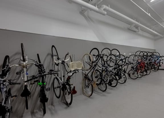 a group of bikes parked in a room