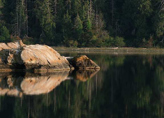 A serene lake surrounded by a forest with a large rock in the middle.