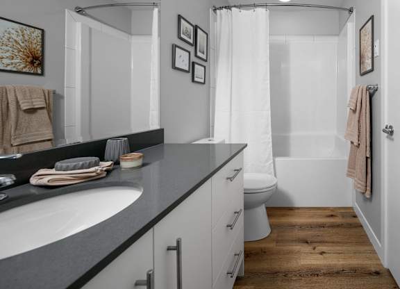 A bathroom with a white toilet, a sink, and a shower.