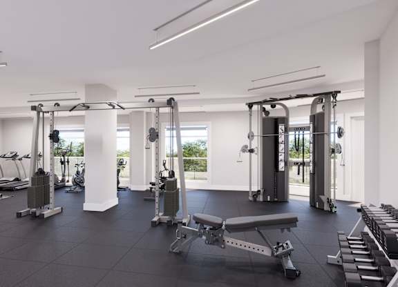 A spacious gym with a variety of equipment including treadmills, weights, and benches.