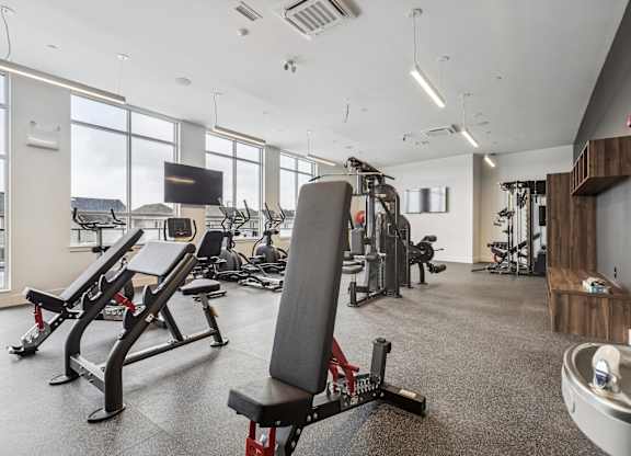 A gym with a variety of equipment including a bench press, a squat rack, and a rowing machine.